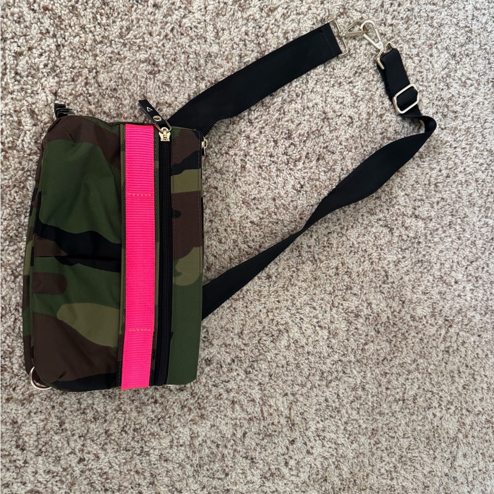 Camouflage Crossbody Bag with Pink Stripe